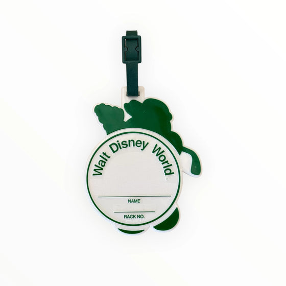 Walt Disney World luggage tag with green and white design on a white background