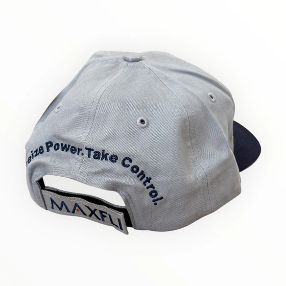 Gray cap with text and MAXFIL logo on a white background