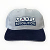 Gray and navy cap with Maxfli Revolution logo on a white background