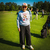 Muni Kids Bar Logo Golf Snapback Hat and PGA Dropout Crewneck on older woman